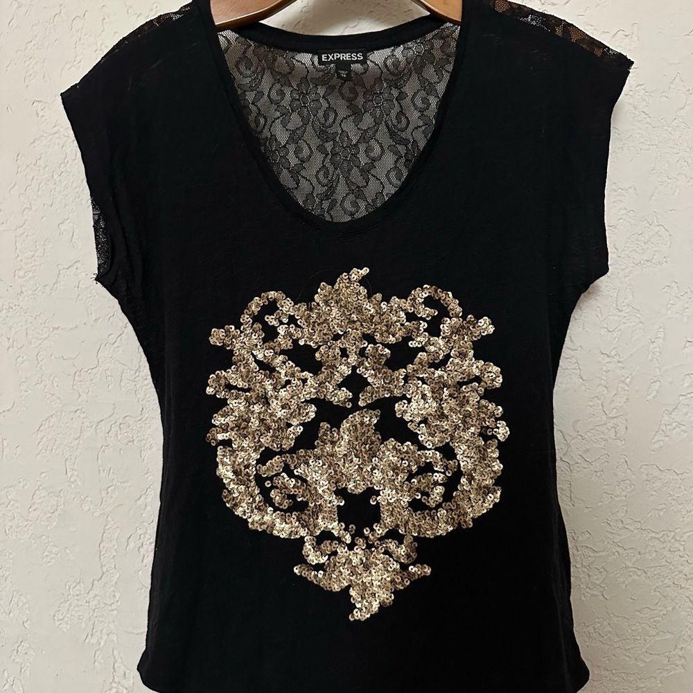 Express Black Top with Gold Sequin Design